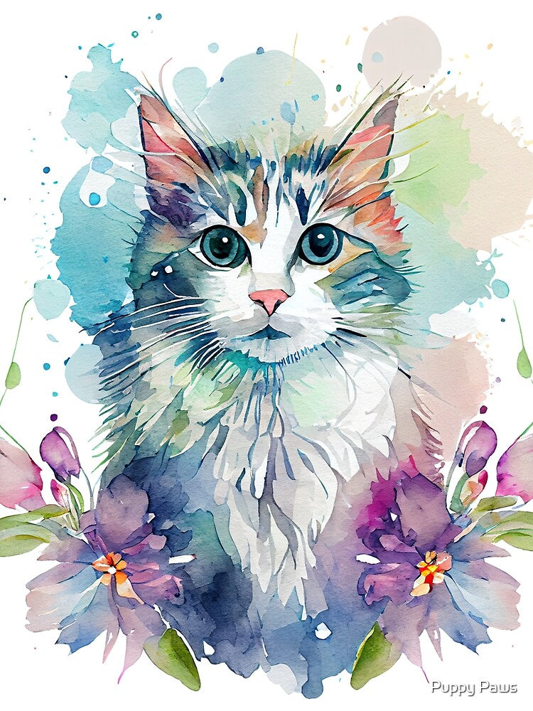 Blooming Whiskers: A Delightfully Cute Cat with Flowers T-Shirt Design by Puppy Paws