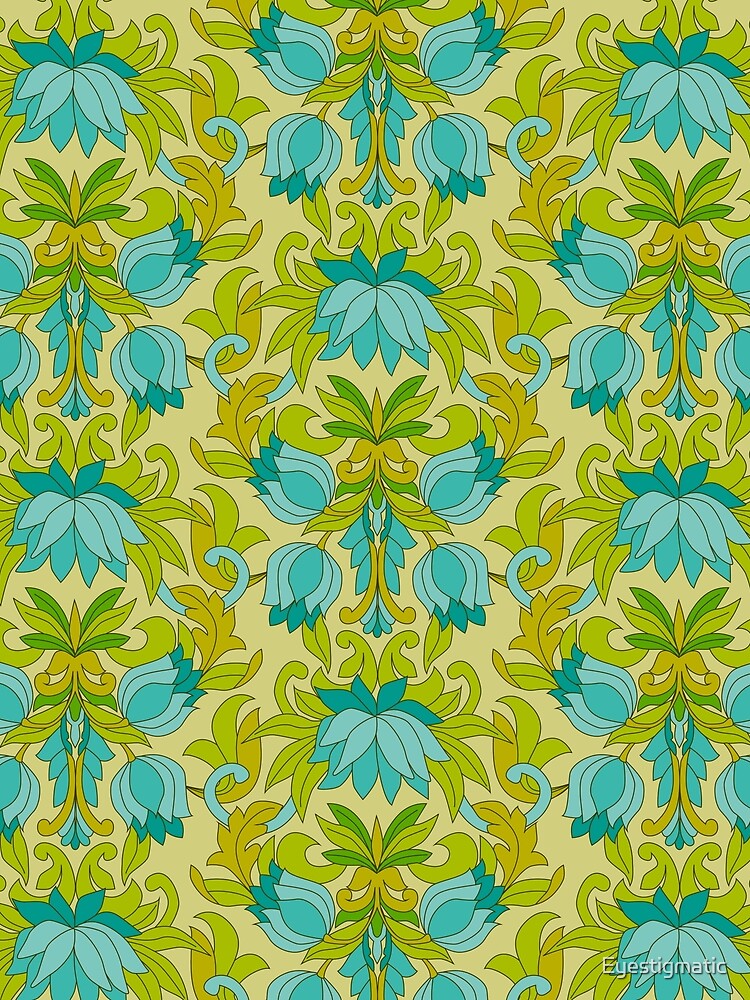 Turquoise and Green Leaves 1960s Retro Vintage Pattern by Eyestigmatic