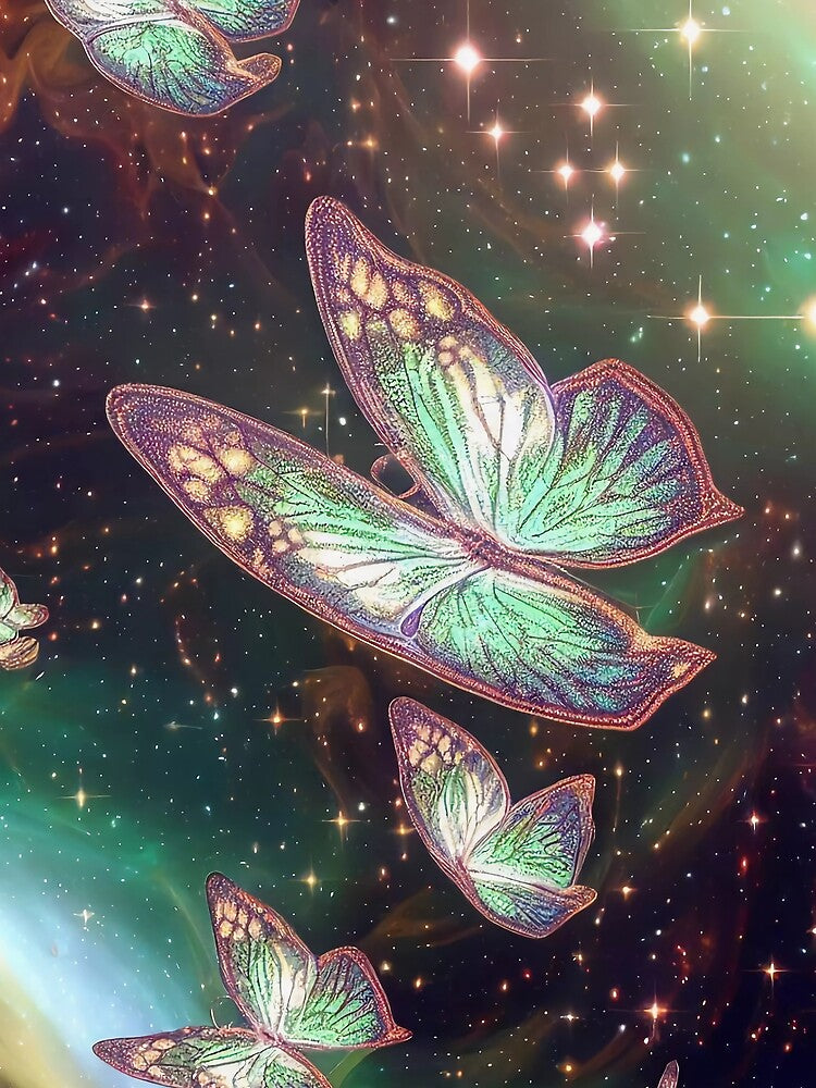 Discover Celestial Tranquility with Our Glowing Butterfly Cosmos Tote Bag - (Green Variant 2) by TribalNative