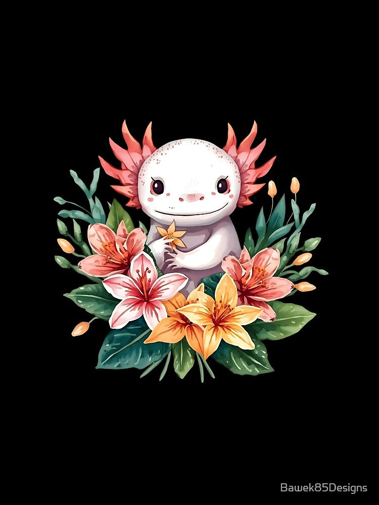 Cute Axolotl With Tropical Flowers by Bawek85Designs