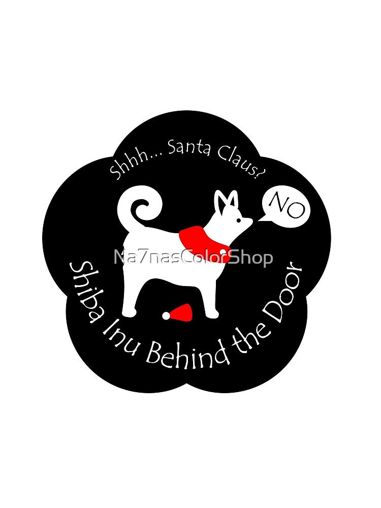Funny Shiba Inu Santa Claus Behind the Door Black Base by Na7nasColorShop