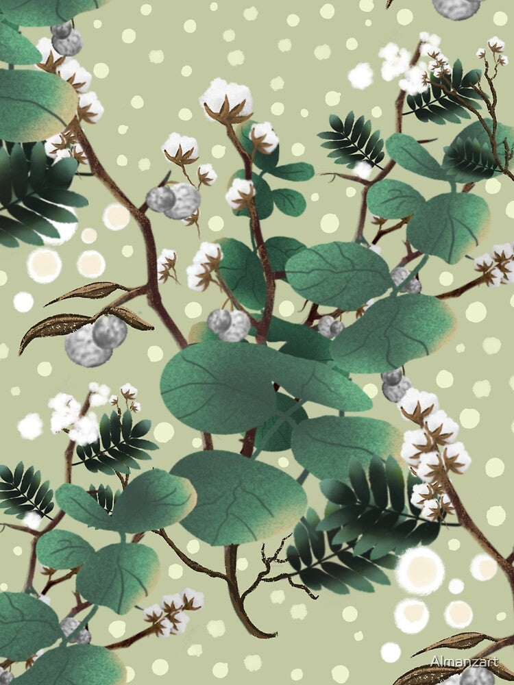 Vintage Botanical Cotton Pattern - Retro Green Leaves and Cotton Bolls Design by Almanzart