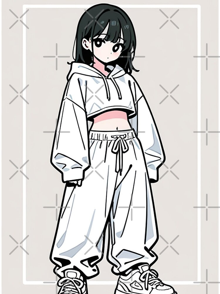 Fashion - Girl in White Crop Hoodie Baggy Pants Chunky Sneakers by AnimeShin