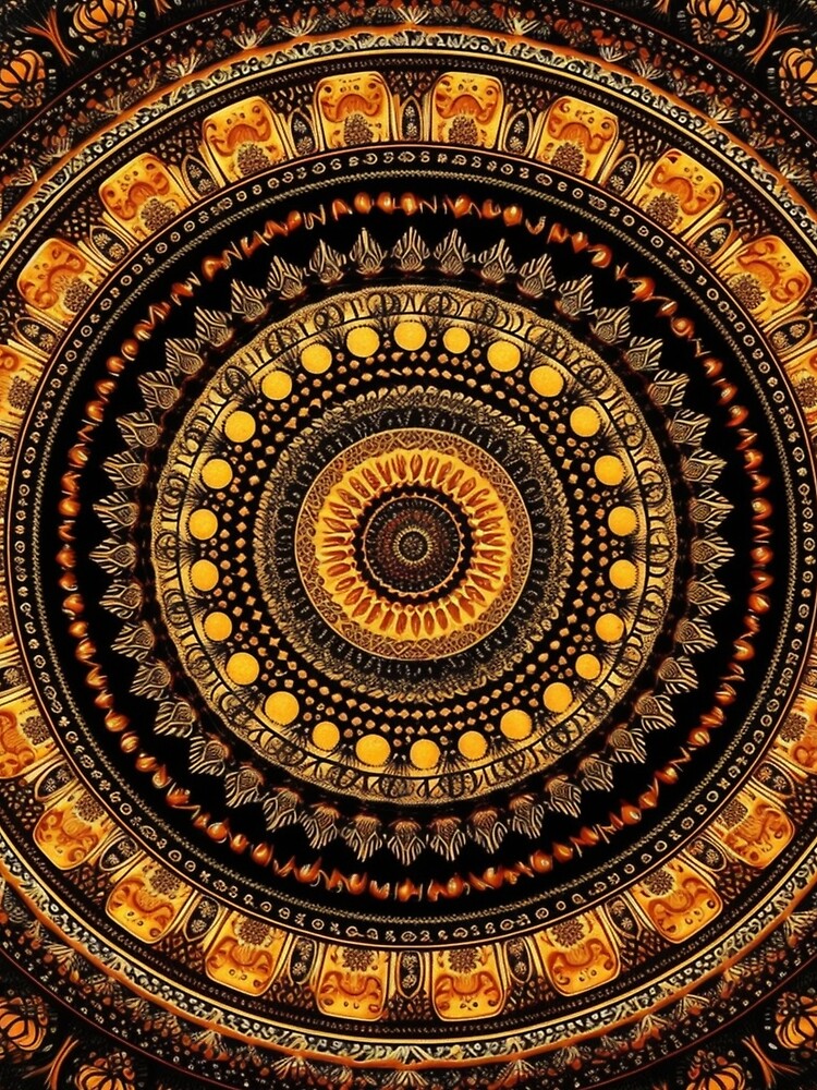 yellow gold circular design background, in the style of kaleidoscopic designs, light violet by PinkPinkArts