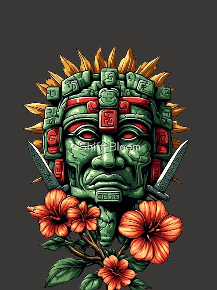 Ancient Mayan Warrior Spirit – Sacred Jade Mask & Obsidian Blades Art by Shift-Bloom