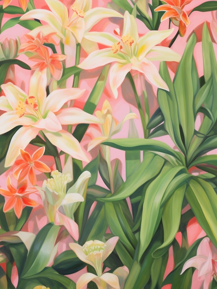Colorful abstract flower pettern Color decorative element Nature Pink flowers Orange lilies Green leaves by PinkPinkArts