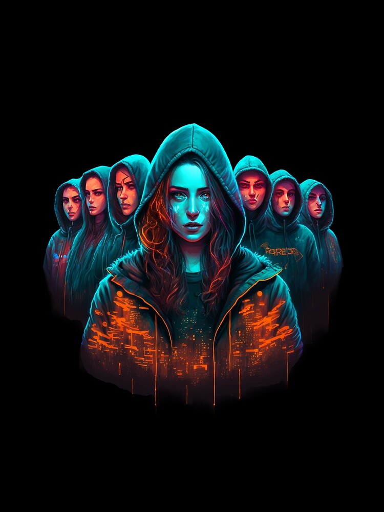 anime women in hoodies with neon color by KING-S