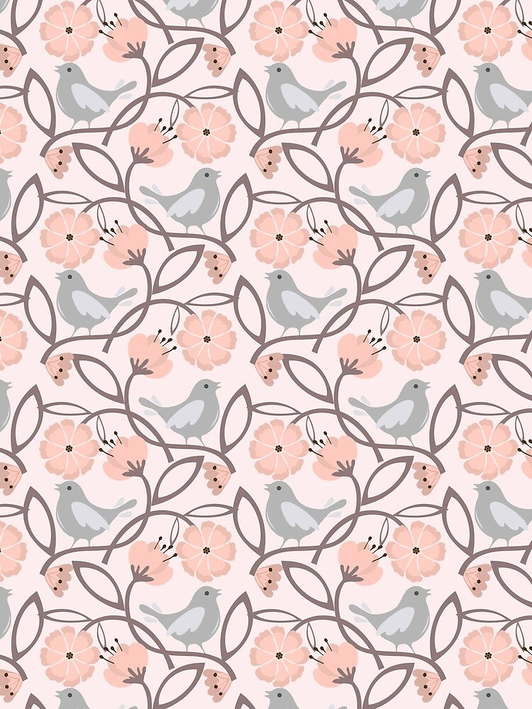 Elegant Floral Pattern, Pink Flowers, Grey Birds,  White Background by Jaydee001