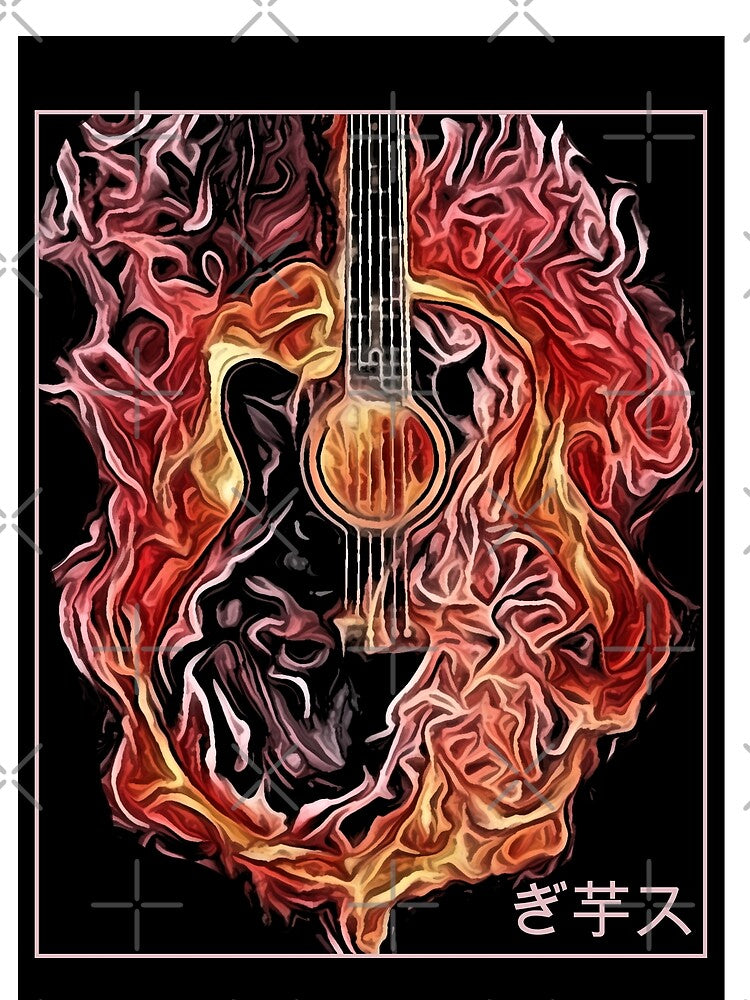 Guitar on fire with japanese text - music minimal abstract art in black by hasbeenz
