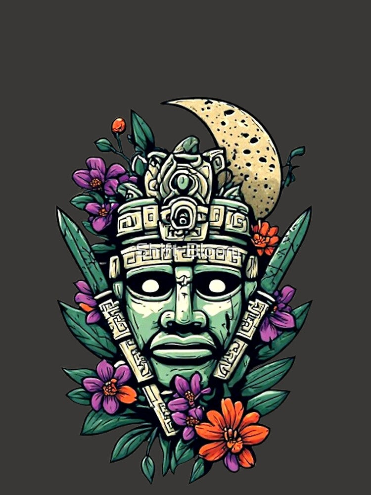 Mayan Warrior Mask with Flowers & Moon | Elysium Echoes Icon by Shift-Bloom