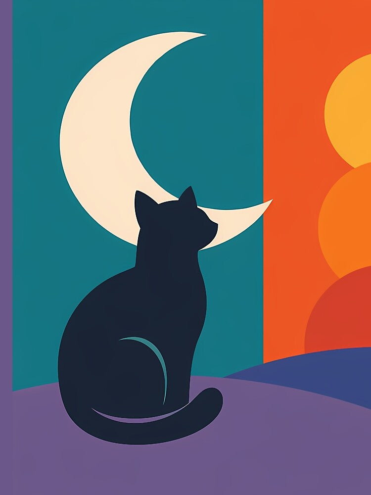 Cat Silhouette with Crescent Moon and Sunset Forms by InkSmithery