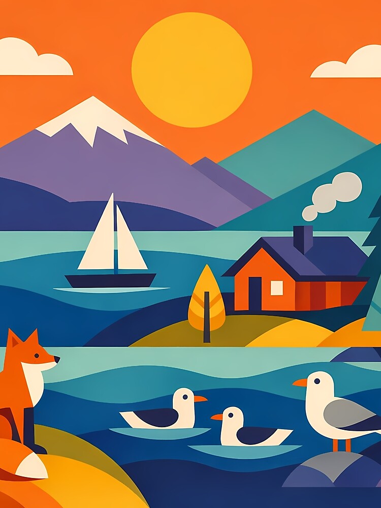 Scandi Lake Landscape with Fox, Yacht and Cabin by InkSmithery