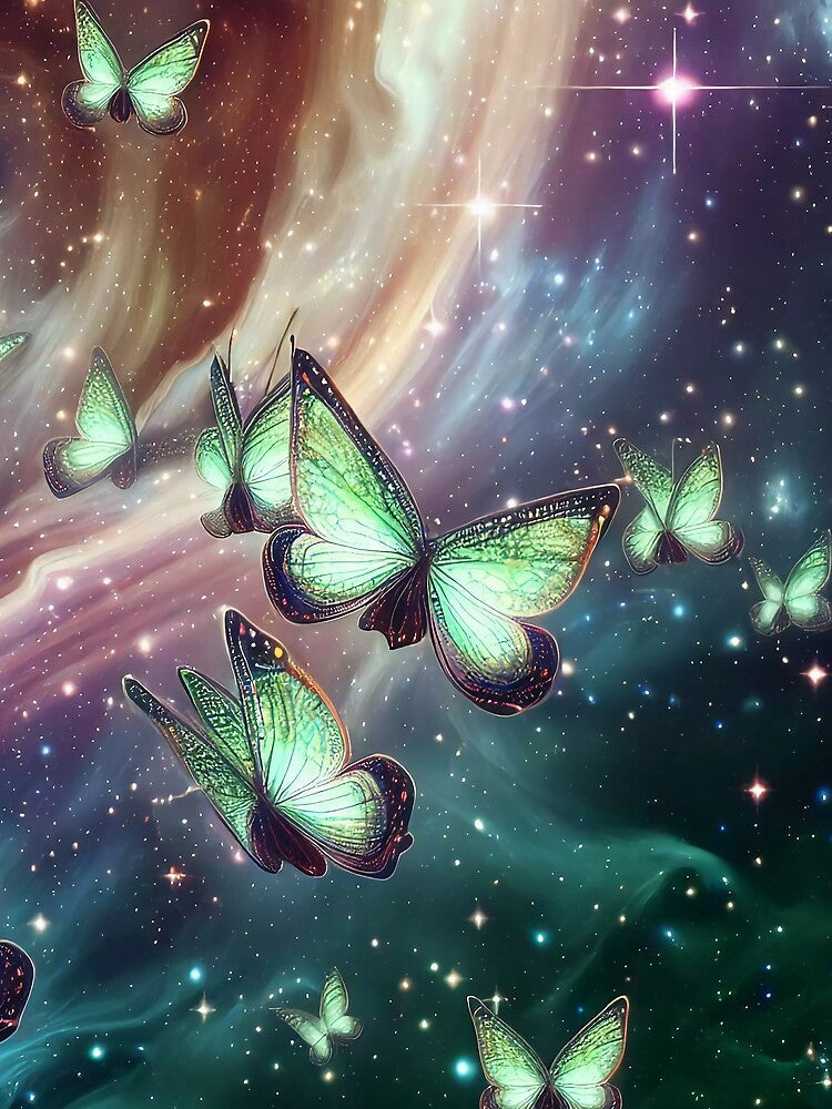 Discover Celestial Tranquility with Our Glowing Butterfly Cosmos Tote Bag - (Green Variant 4) by TribalNative