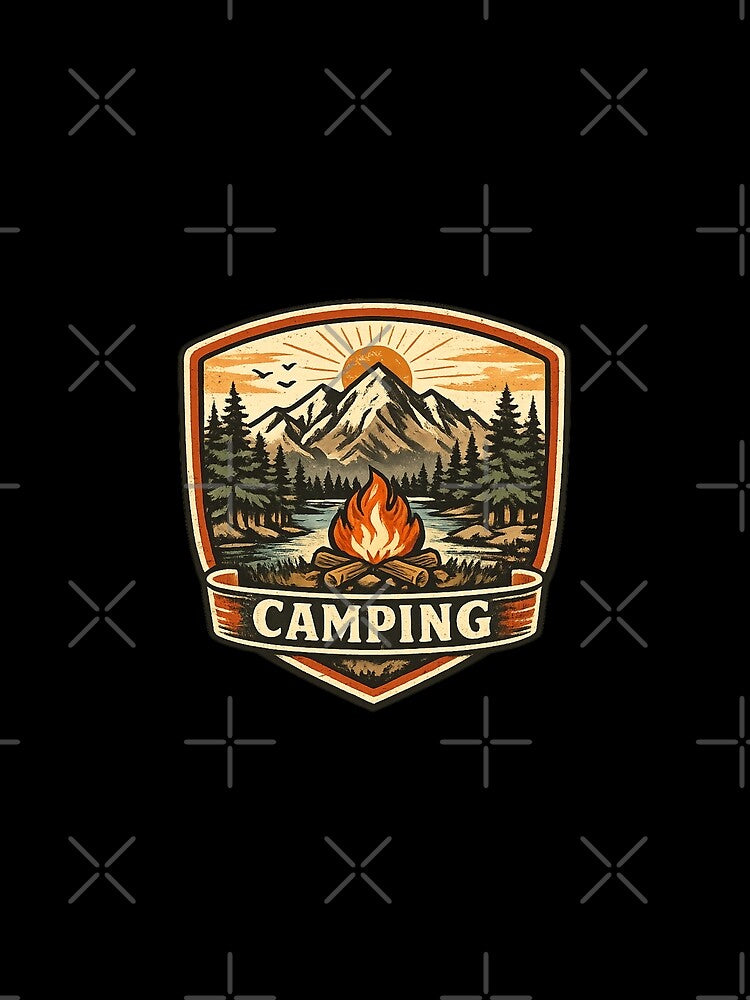 Retro Camping Adventure Emblem – Vintage Mountain Campfire Badge by Dreamy fantasy design