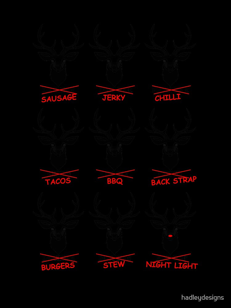 image of 9 deer heads with names of Santa's 9 reindeer but with the names crossed out black by hadleydesigns