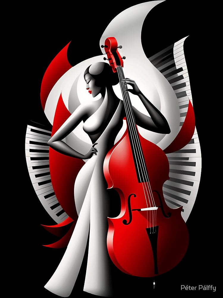Jazz Singer, Doble Bass and Piano in Black, White, and Red by Péter Pálffy