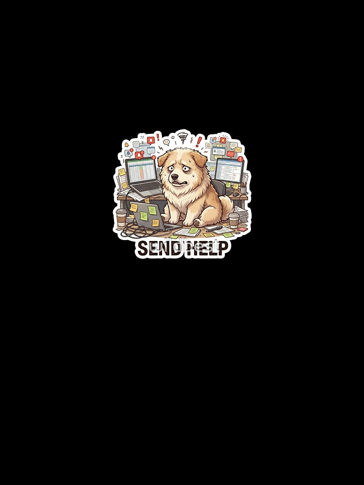 Send Help – Overworked Office Dog Burnout Sticker by wildbest