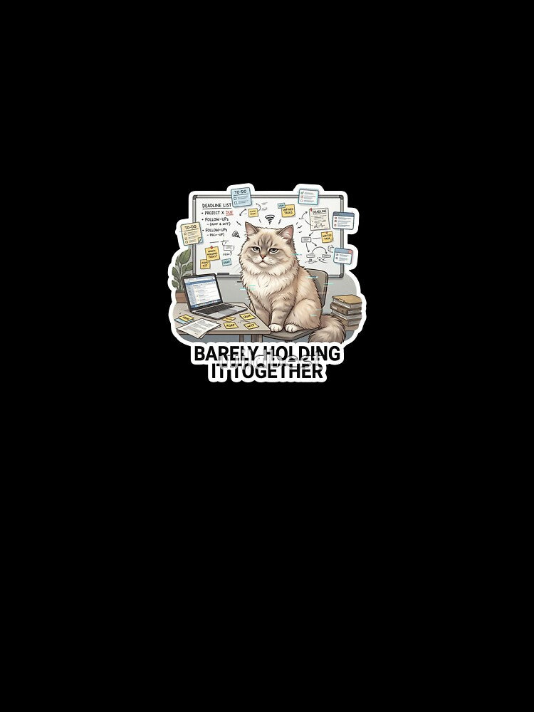Barely Holding It Together – Overworked Office Cat Sticker by wildbest