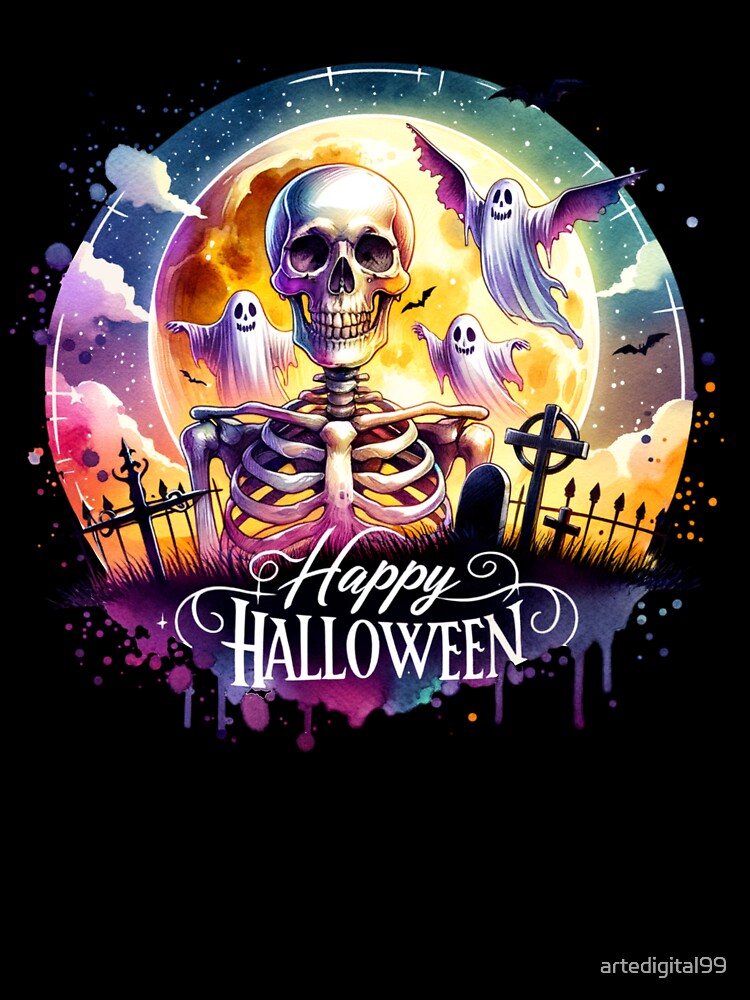 "Ghostly Gathering – Skeleton and Spirits Halloween Design" by artedigital99