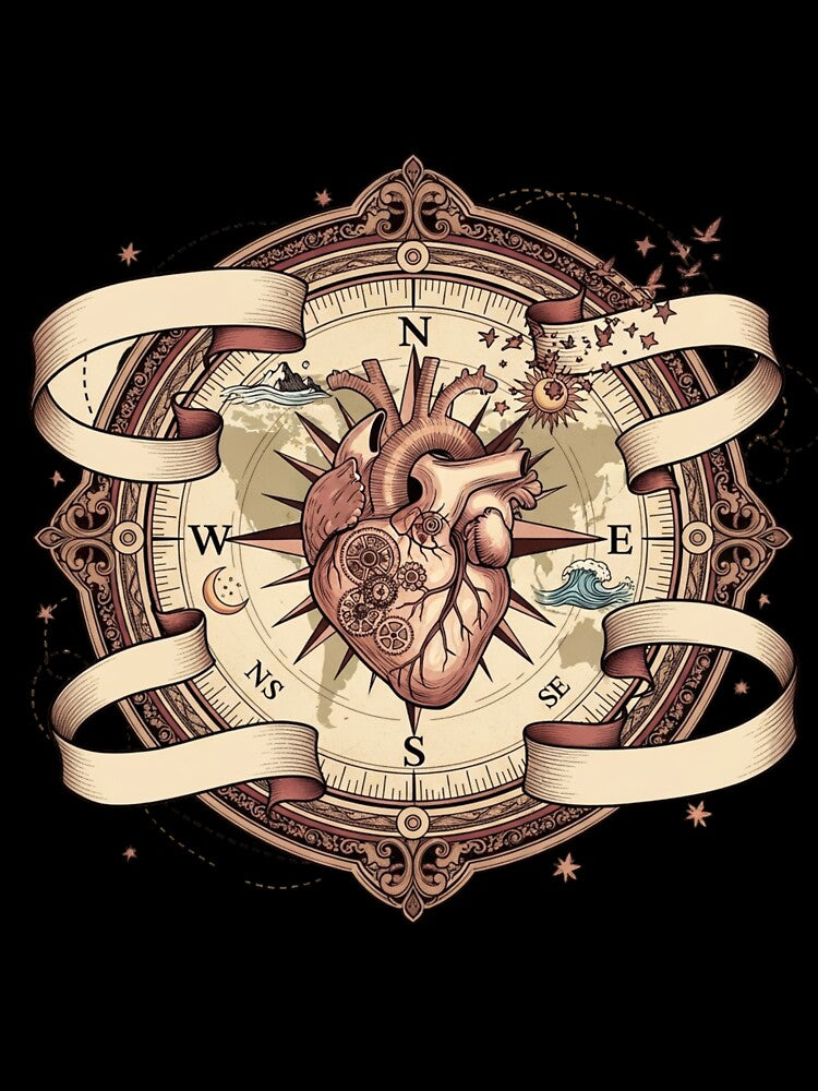 Vintage Steampunk Heart Compass | Nautical Anatomical Art Print for Travelers & Adventurers by Thaj