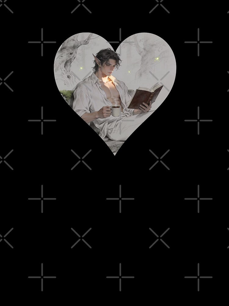 Fantasy Elf Book Boyfriend Reading Coffee Heart Illustration by FIREDesignsPOD