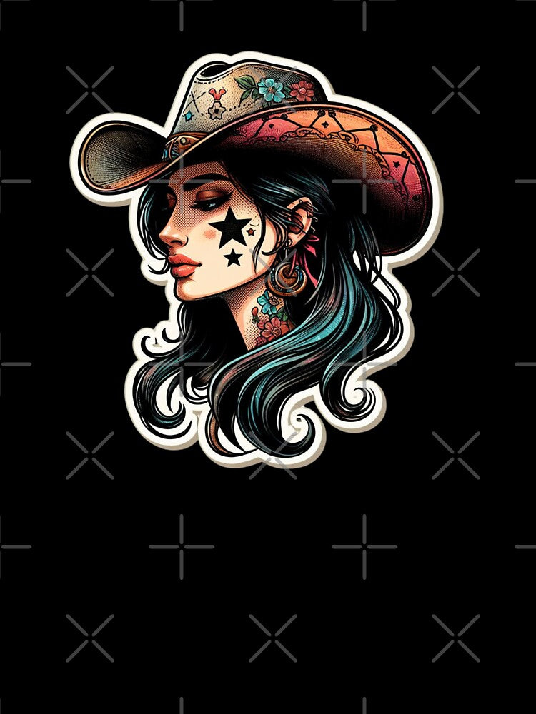 Elegant Woman with Long Dark Hair in Cowboy Hat - Western Style Graphic by styleonestaa