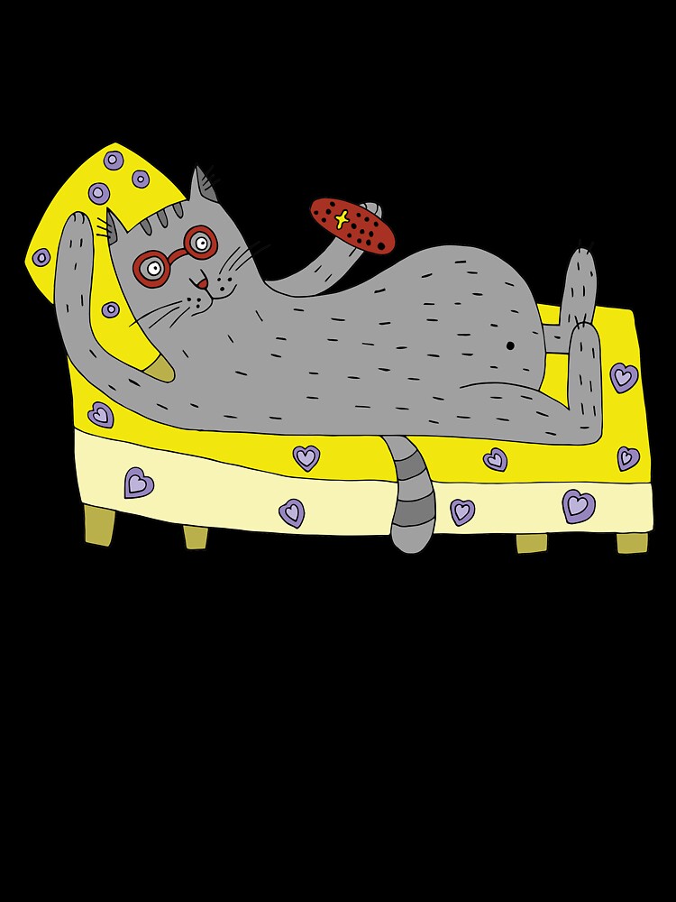 A funny gray cat lies on the devan. Cat in red glasses by Olga81creative