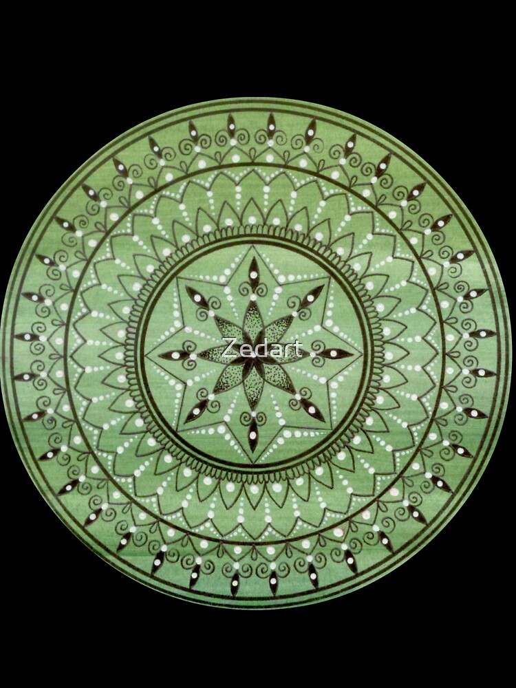 Hand Drawn Green And White Mandala by Zedart