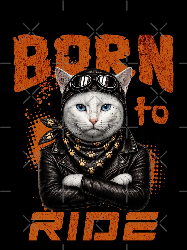 White Cat Biker Design – Born To Ride Funny Motorcycle White Cat Print by PixelsPaws
