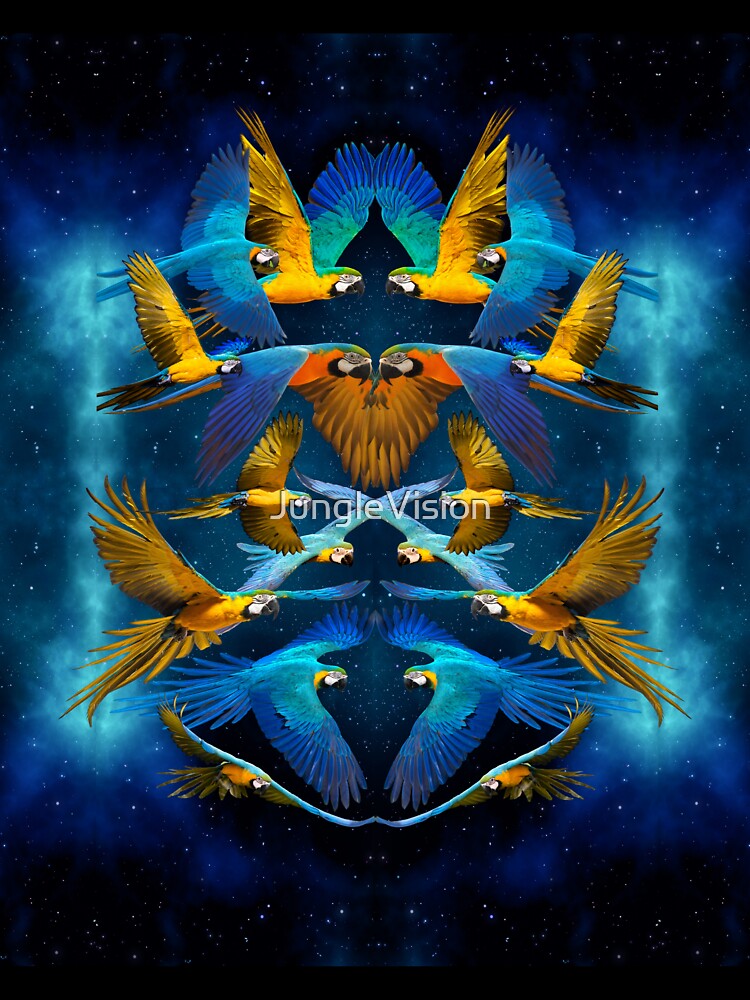 Flock of Blue and Gold Macaws with Blue Galactic Background by JungleVision