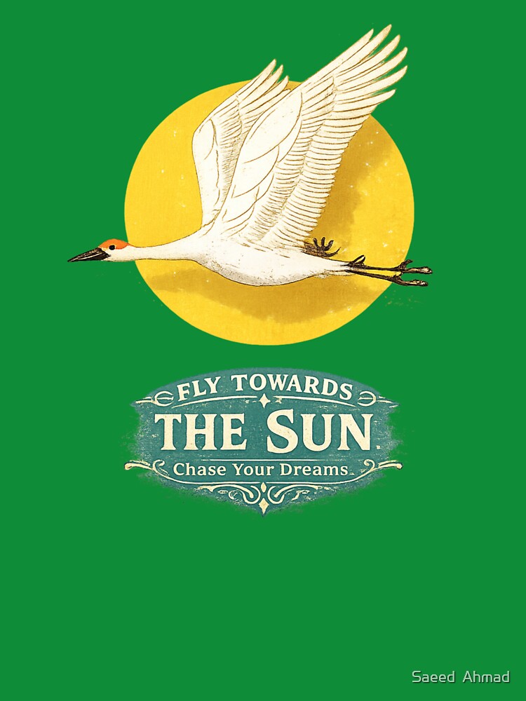 Fly Towards the Sun | Vintage Crane Bird T-Shirt | Inspirational Nature Design by Saeed  Ahmad
