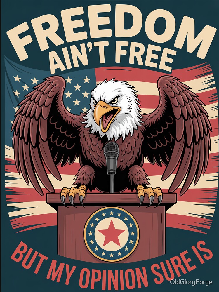 Freedom Ain’t Free Patriotic Eagle Podium Cartoon by OldGloryForge