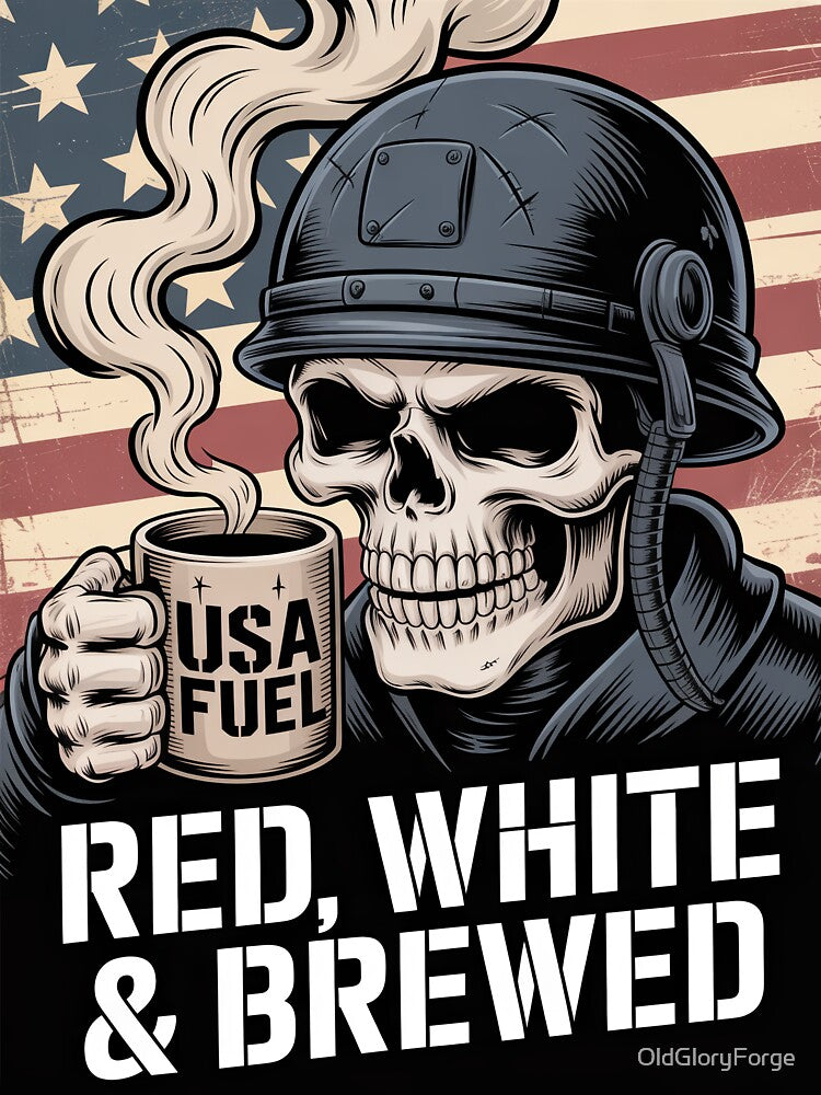 Patriotic Tactical Skull Coffee Cartoon by OldGloryForge