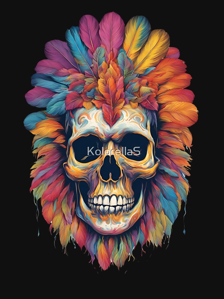 Halloween Colorful Skull in a plume of Colorful Feathers by KolorellaS