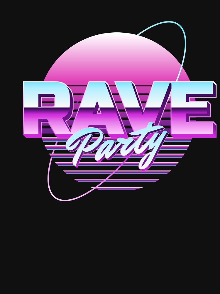 Rave Party 80s Synthwave Neon Planet Chrome Retro Stripe Typography Art by DERA RAY
