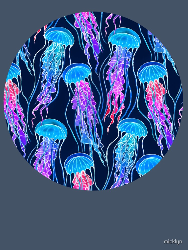 Luminescent Rainbow Jellyfish on Navy Blue by micklyn