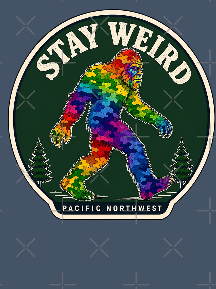 Stay Weird Pacific Northwest Rainbow Bigfoot Badge by Swanny's Custom T-shirt and Gift Designs