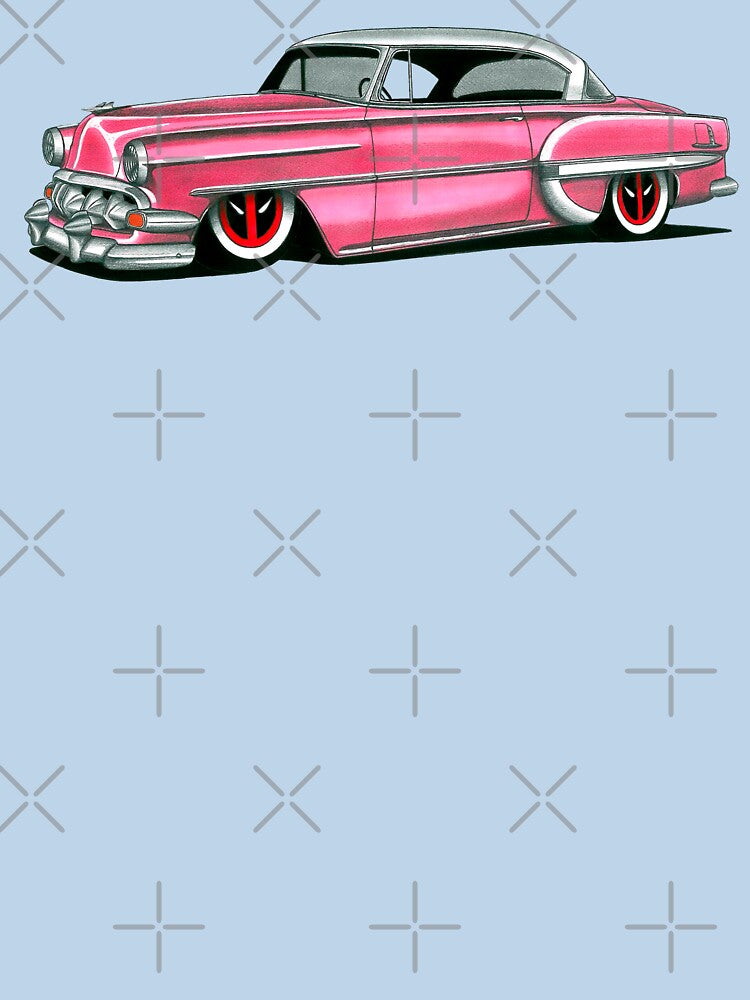 Exclusive drawing american restomod pink Chevy Bel Air V8 Coupe by Cars23