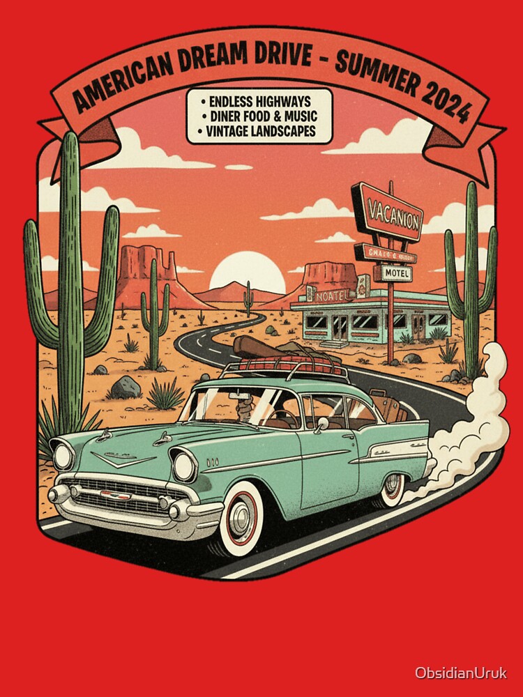American Dream Drive Summer Vintage Road Trip Retro Car Desert Adventure Design by ObsidianUruk