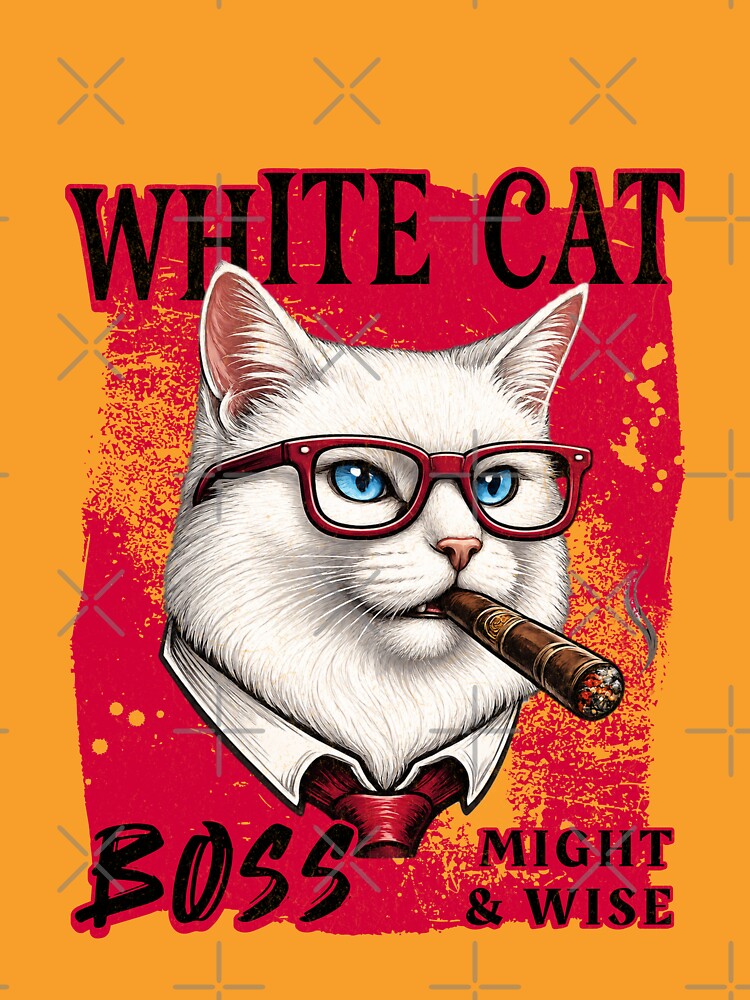 White Cat Boss Design – Funny White Cat with Cigar Mafia Style by PixelsPaws