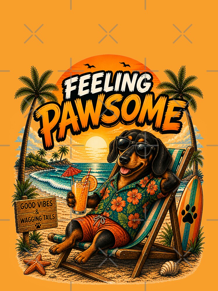 Funny Black Dachshund Beach Design – Feeling Pawsome Summer Vibes Vacation Dog by PixelsPaws