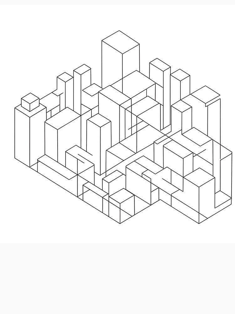 Minimalist Isometric Cityscape Line Art | Geometric Abstract Architecture Sketch | Urban Blueprint Design by Badis  Mardessi