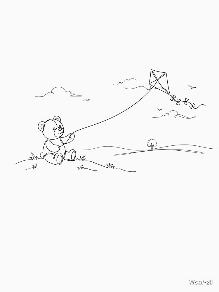 Teddy Bear with Kite - One Line Art Minimalist by Woof-zil