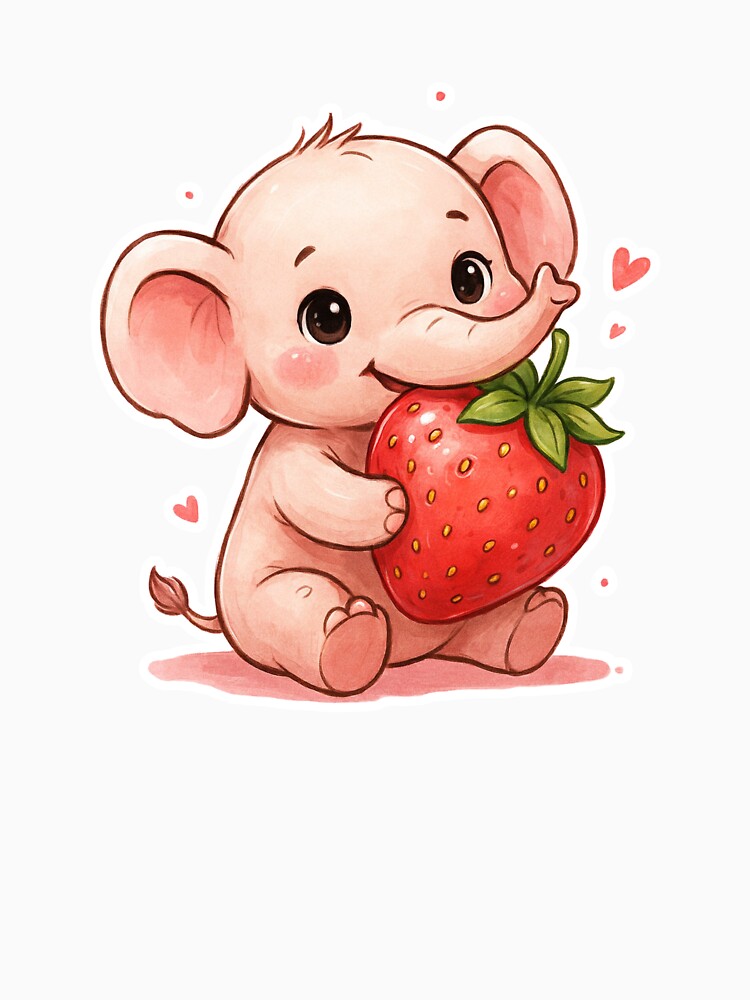 A Sweet Baby Elephant - Holding Strawberry Kawaii by DigitfanStudio