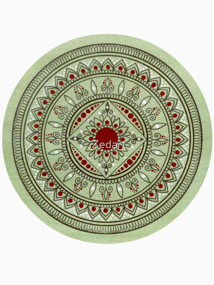 Hand Drawn Green And Red Mandala by Zedart