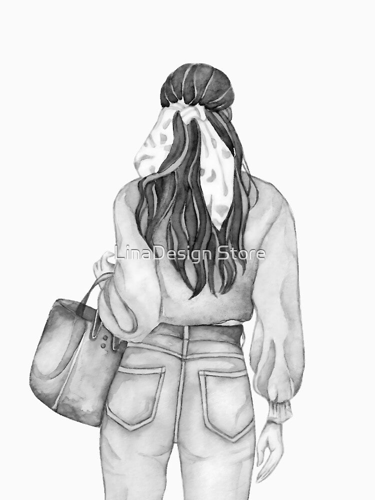 Back View Denim Outfit Illustration by LinaDesign Store