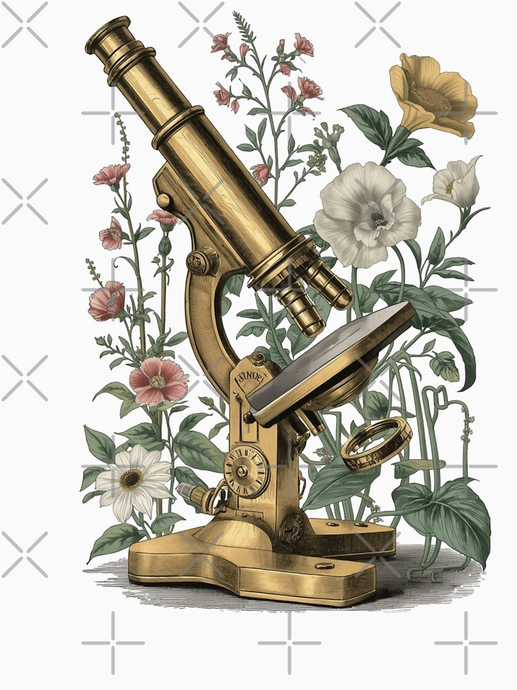 Vintage Brass Microscope with Botanical Wildflowers by carthagia