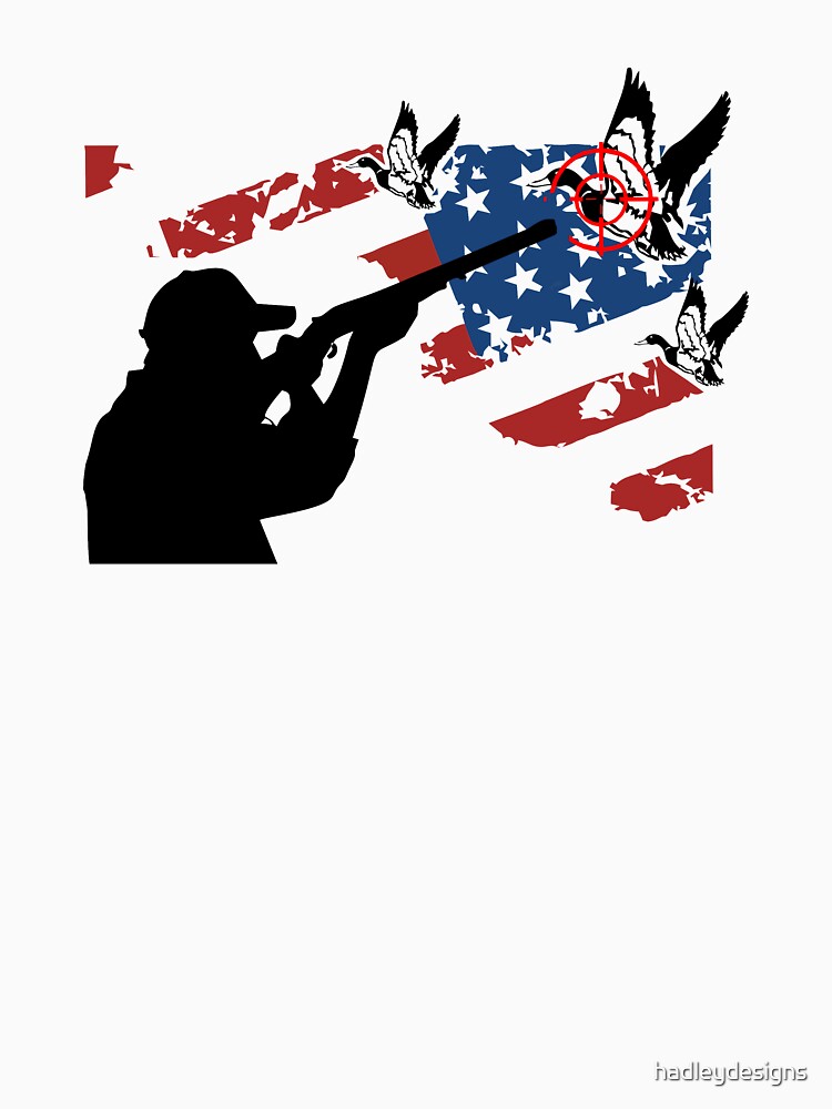 image of american flag with shadow of hunter aiming rifle at 3 flying ducks black by hadleydesigns