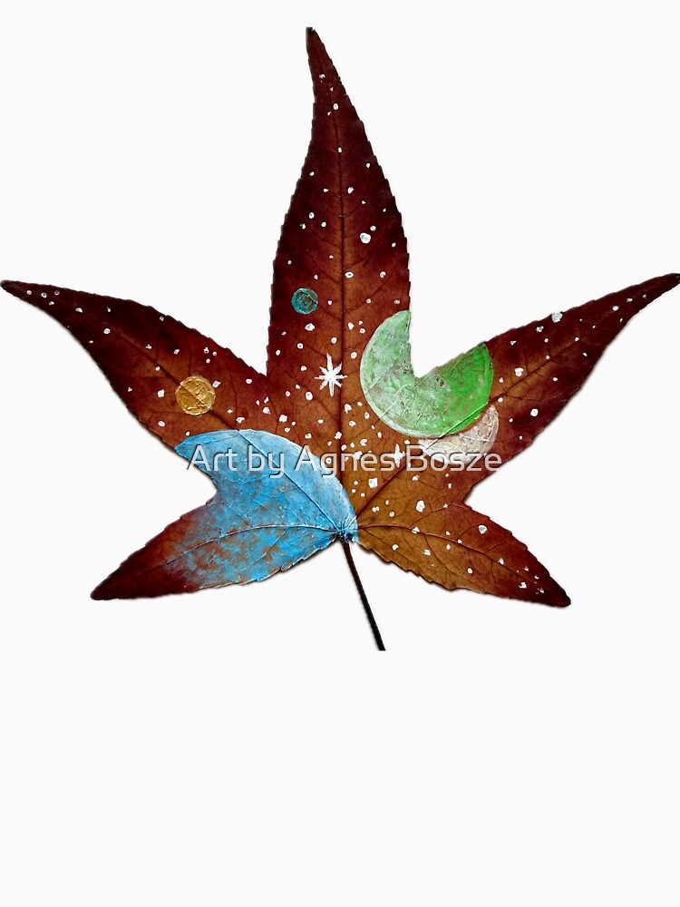 Cosmic Autumn Leaf painting, hand painted on a real sweetgum tree leaf by Art by Agnes Bosze