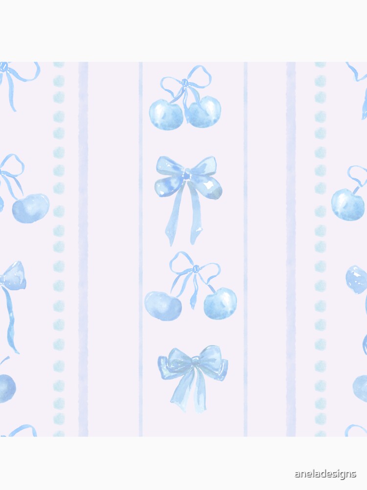 Baby Blue Cute Coquette Preppy Aesthetic Bows and Cherries Stripes in Watercolor by aneladesigns